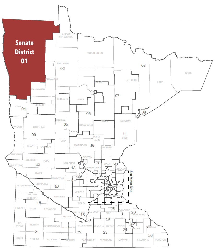 Map of Minnesota Senate Districts, with SD-01 highlighted