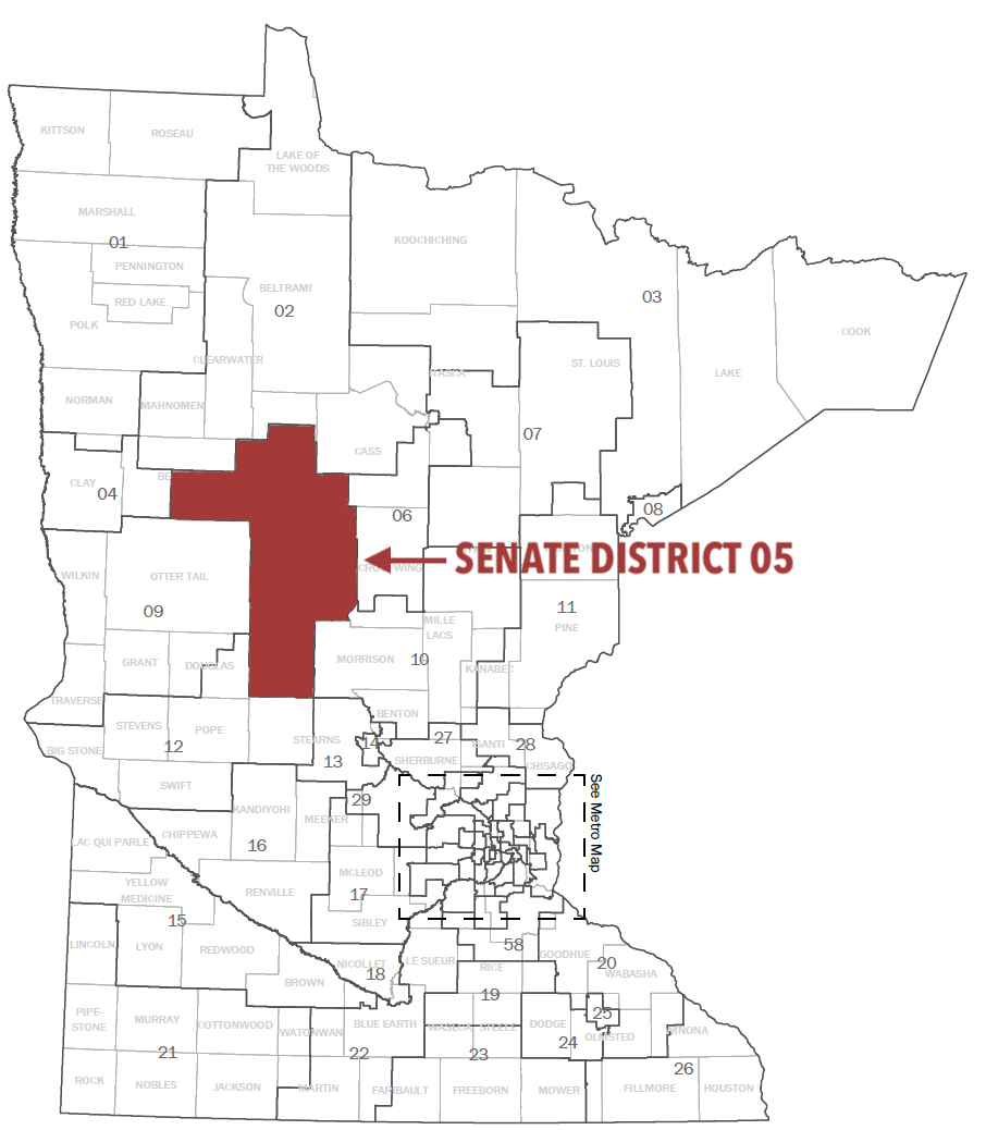 Map of Minnesota Senate Districts with Senate District 05 highlighted