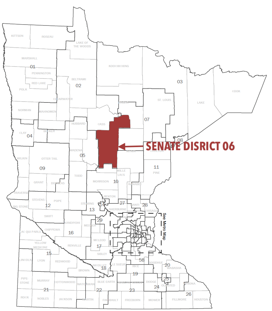 Map of Minnesota Senate Districts with Senate District 06 highlighted