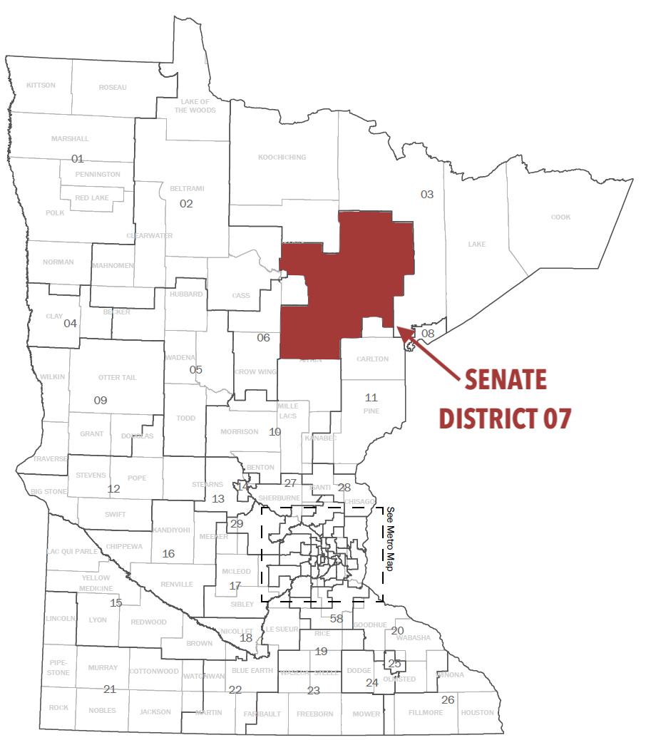 Map of Minnesota Senate Districts with Senate District 07 highlighted