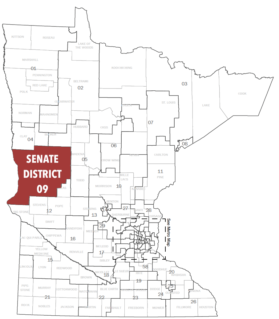 Map of Minnesota Senate Districts with Senate District 09 highlighted