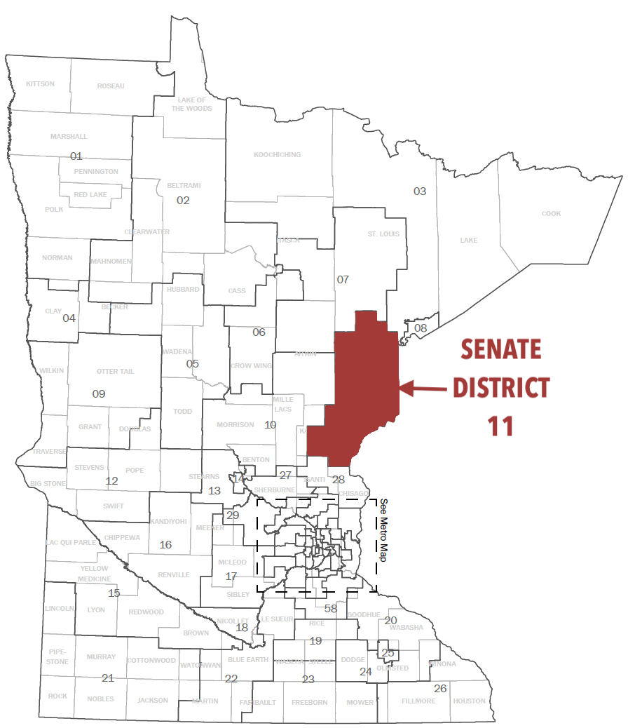 Map of Minnesota Senate Districts with Senate District 11 highlighted