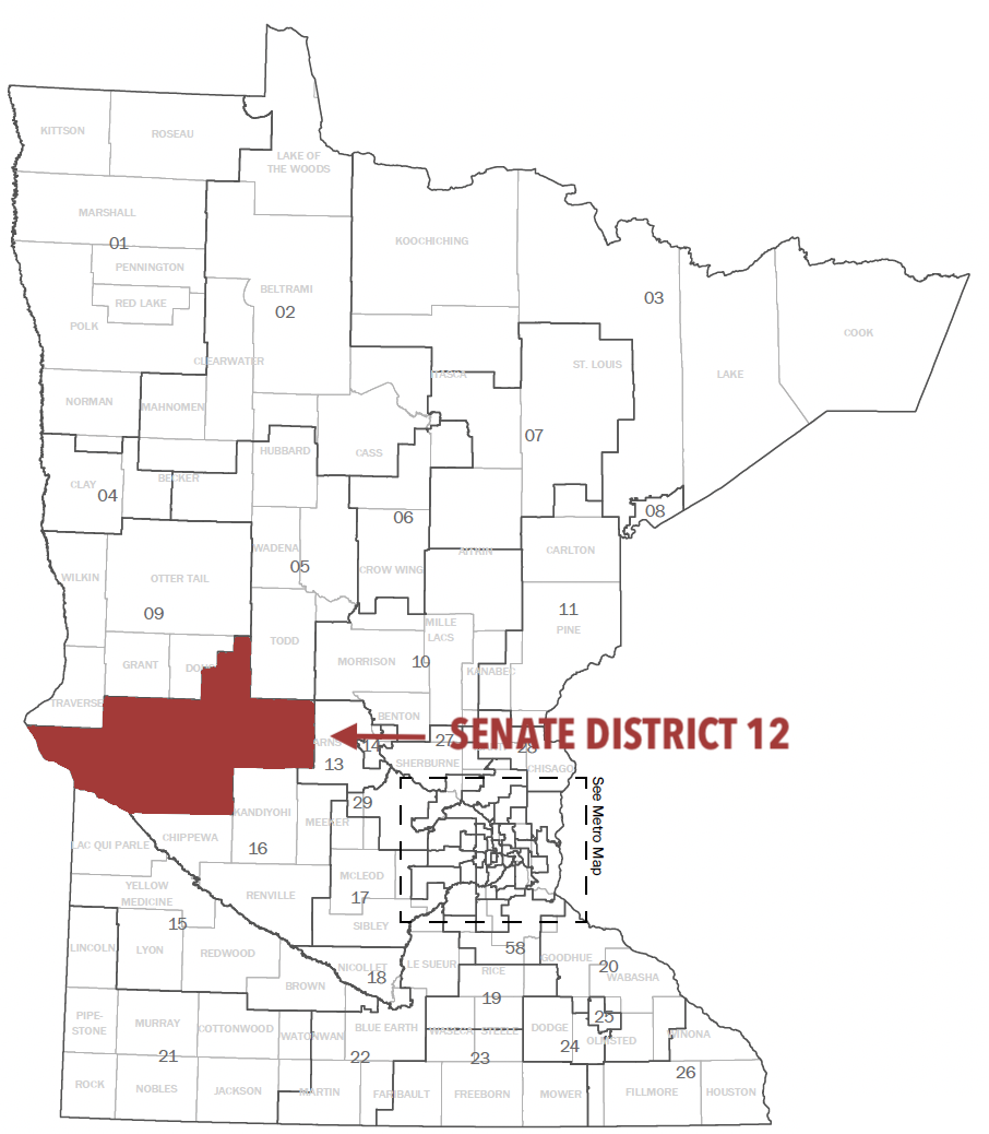 Map of Minnesota Senate Districts with Senate District 12 highlighted