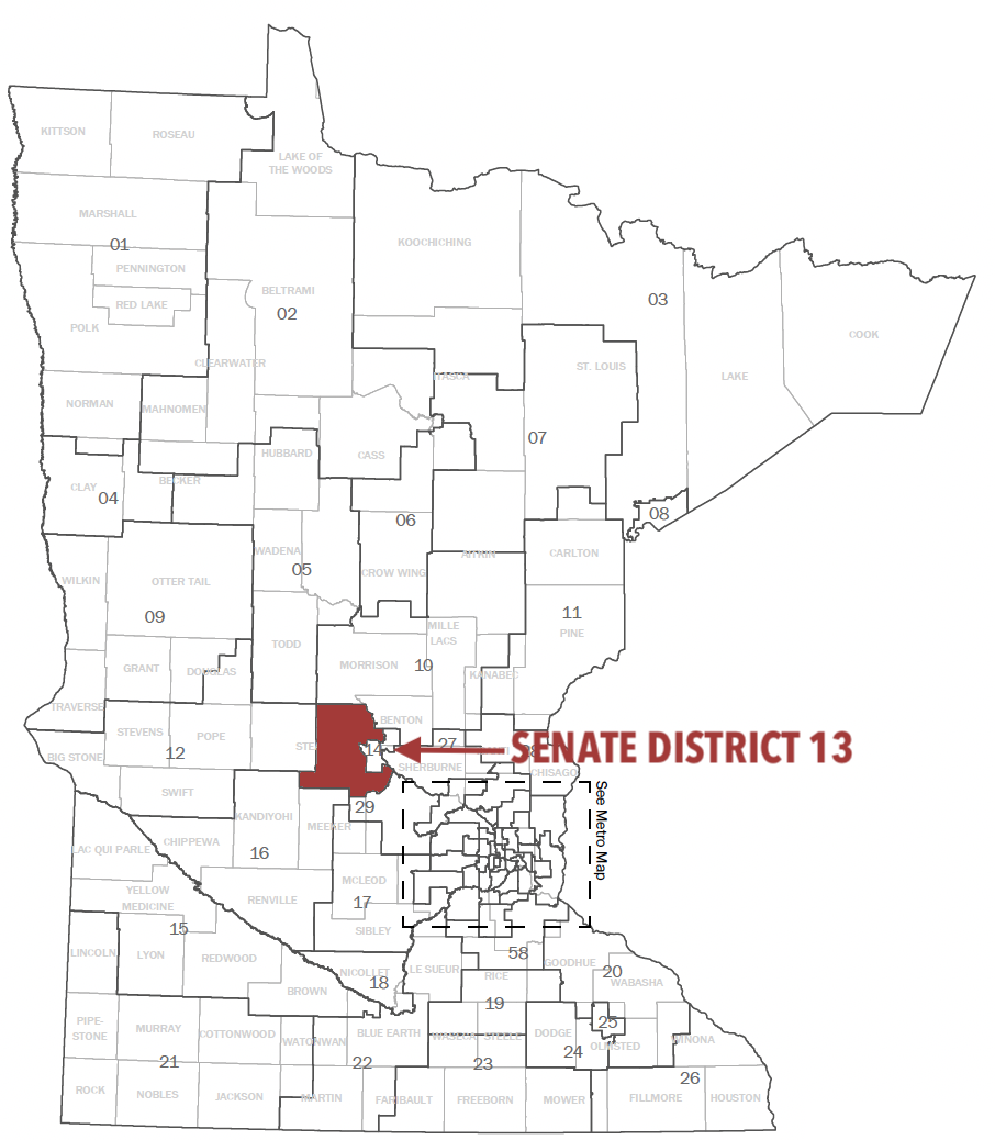 Map of Minnesota Senate Districts with Senate District 13 highlighted