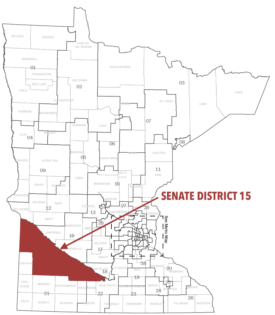 Map of Minnesota Senate Districts with Senate District 15 highlighted