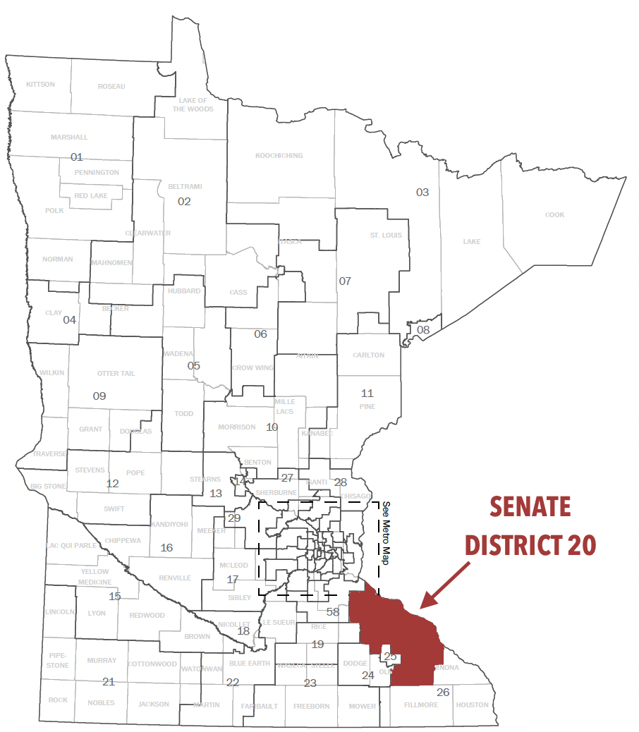 Map of Minnesota Senate Districts with Senate District 20 highlighted