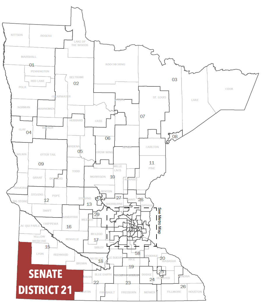 Map of Minnesota Senate Districts with Senate District 21 highlighted