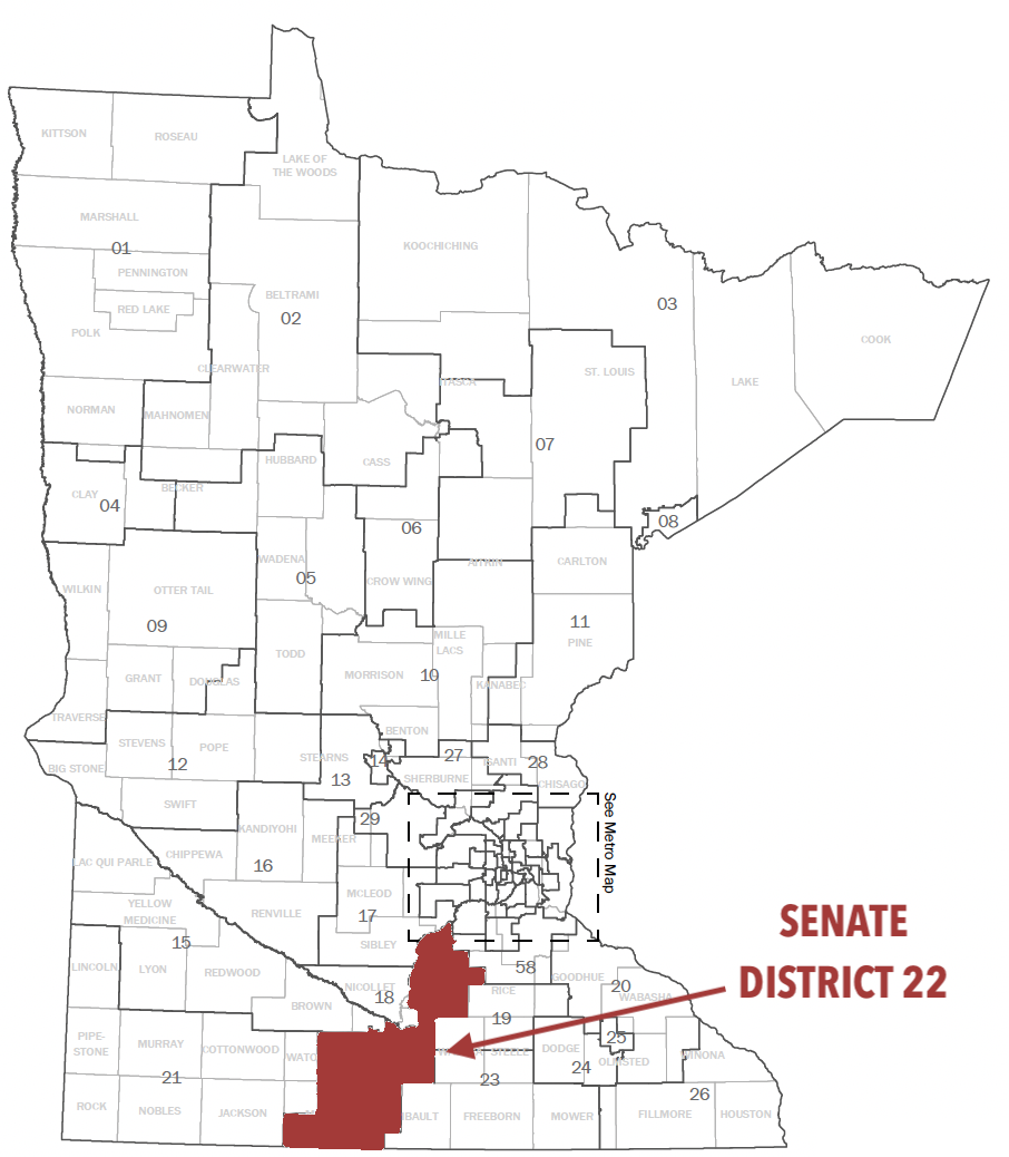 Map of Minnesota Senate Districts with Senate District 22 highlighted