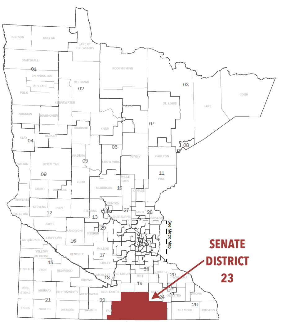 Map of Minnesota Senate Districts with Senate District 23 highlighted