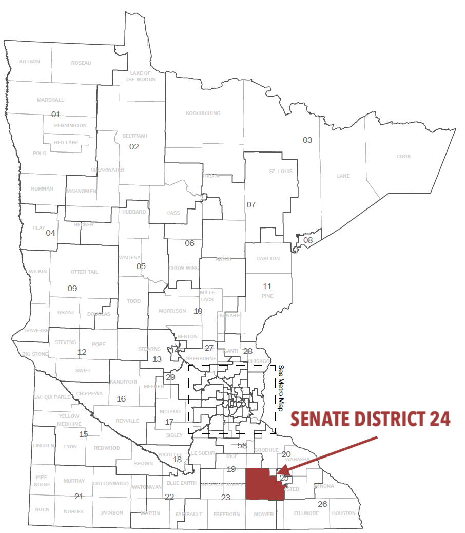 Map of Minnesota Senate Districts with Senate District 24 highlighted