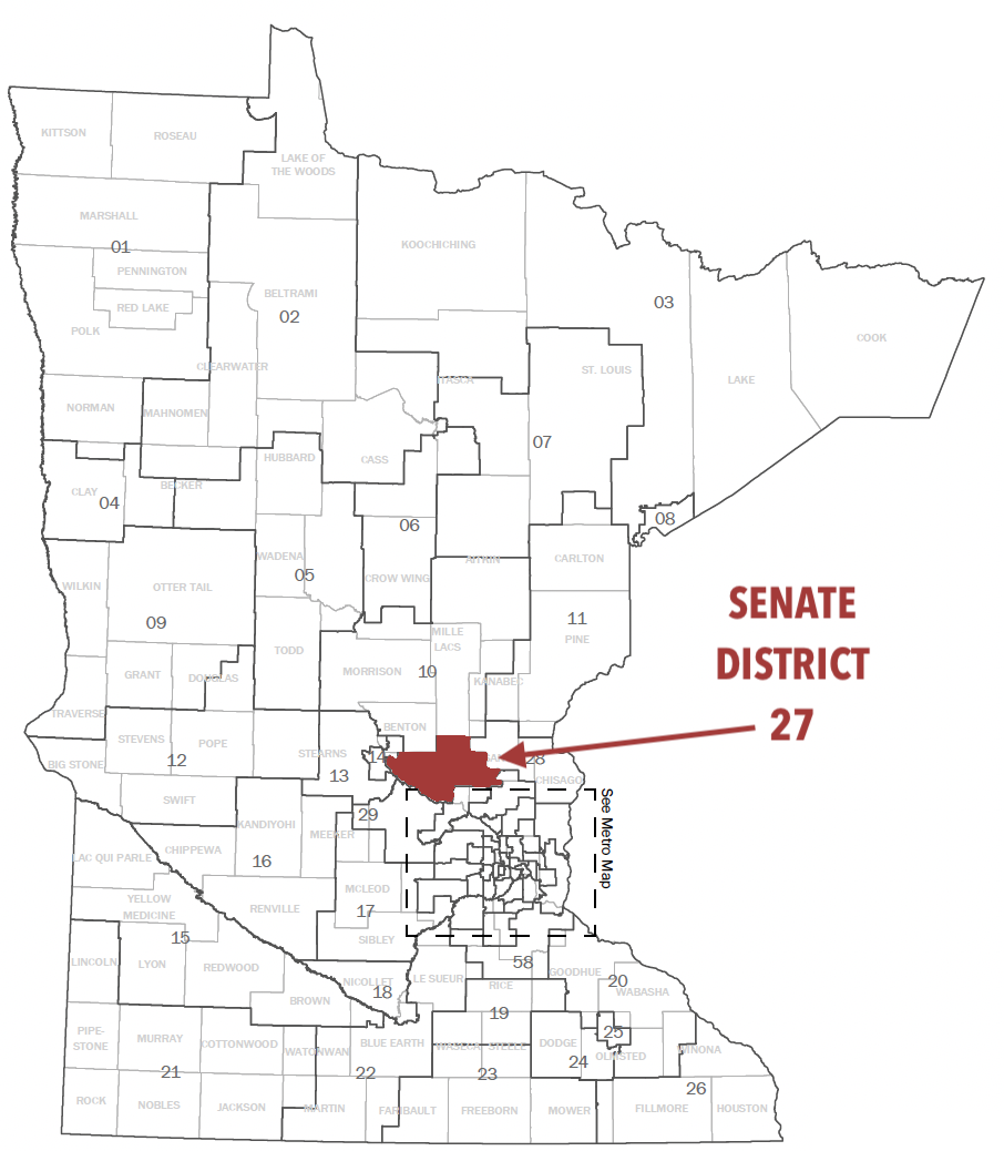 Map of Minnesota Senate Districts with Senate District 27 highlighted