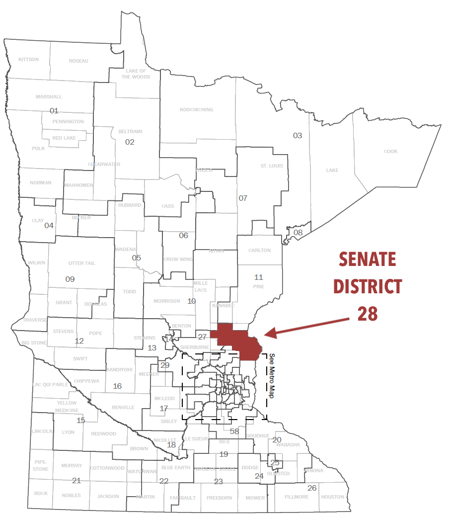 Map of Minnesota Senate Districts with Senate District 28 highlighted