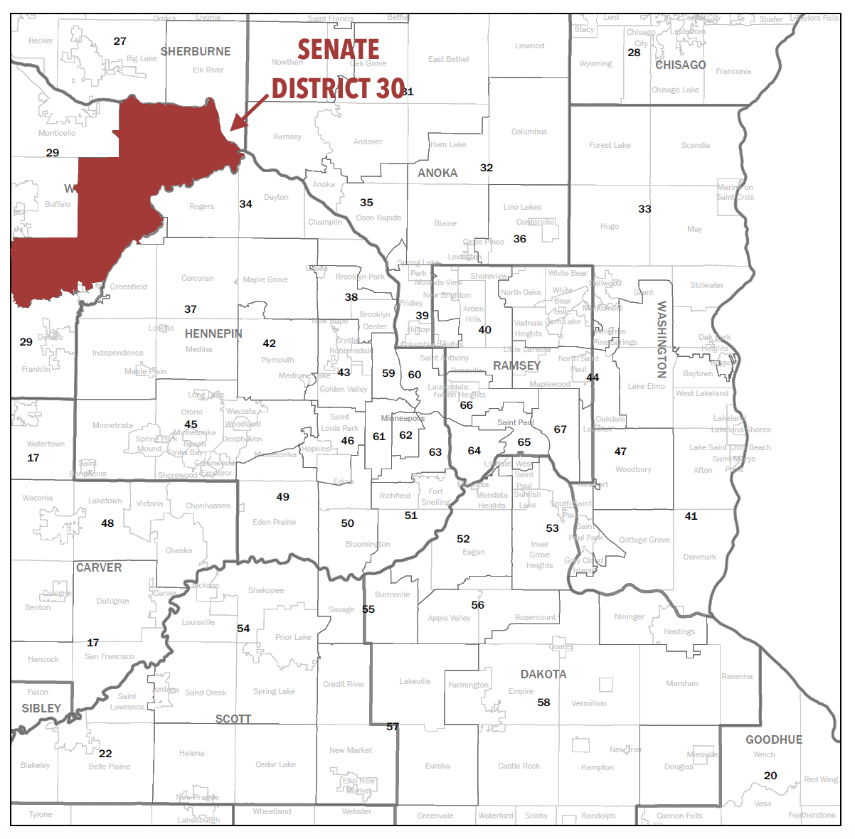 Map of Minnesota Senate Districts with Senate District 30 highlighted