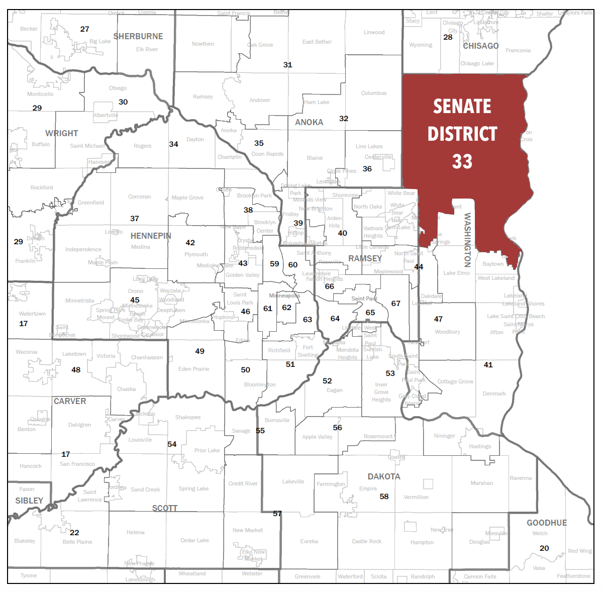 Map of Minnesota Senate Districts with Senate District 33 highlighted