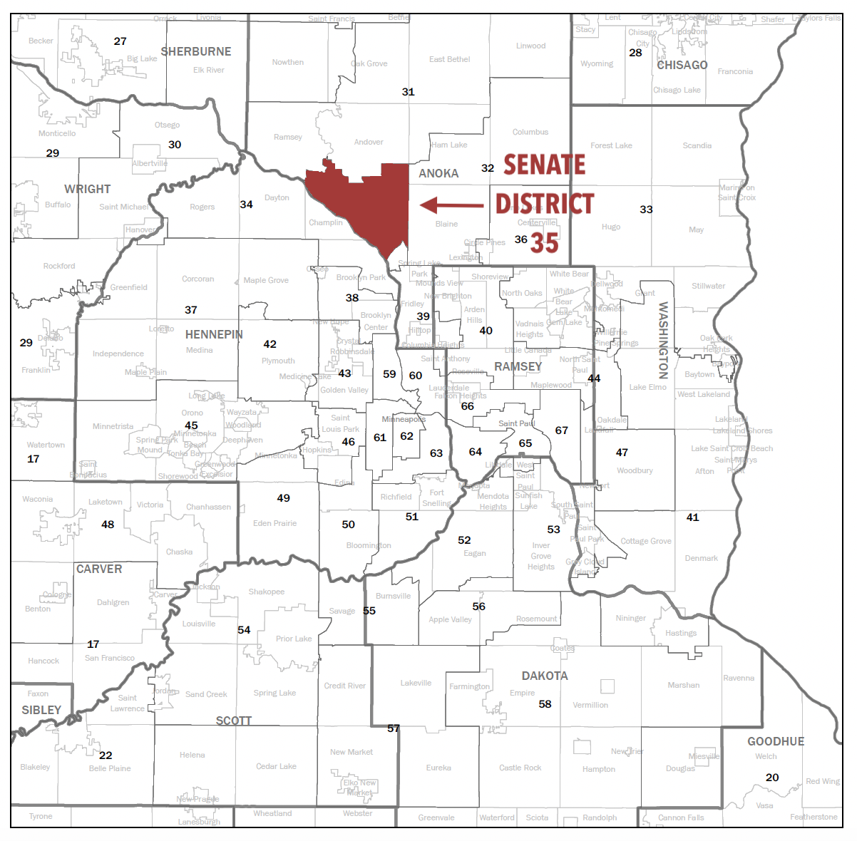 Map of Minnesota Senate Districts with Senate District 35 highlighted