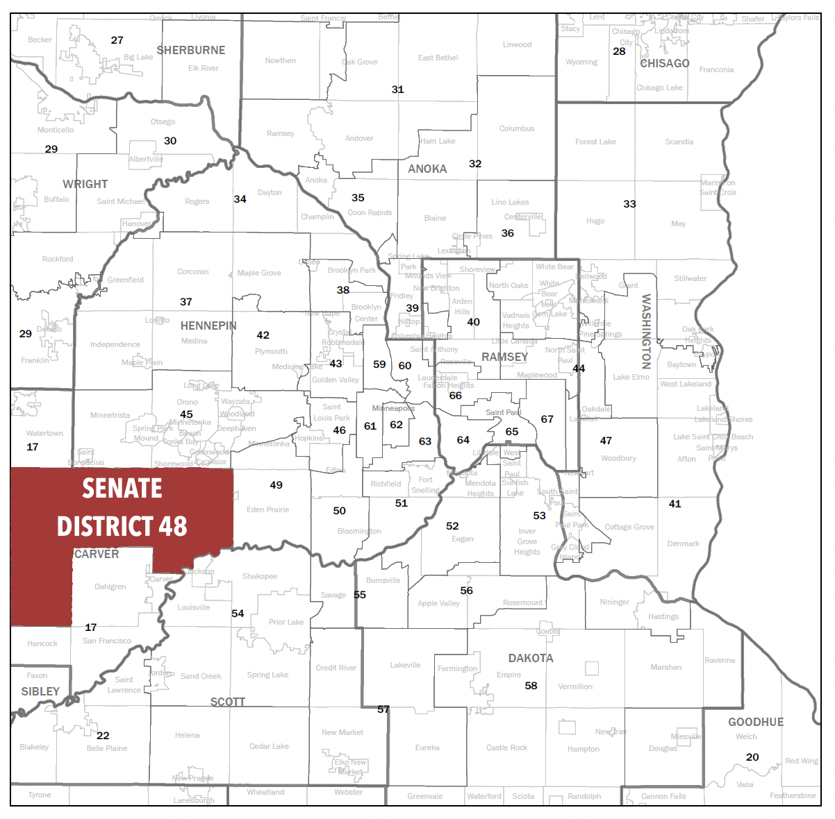 Map of Minnesota Senate Districts with Senate District 48 highlighted