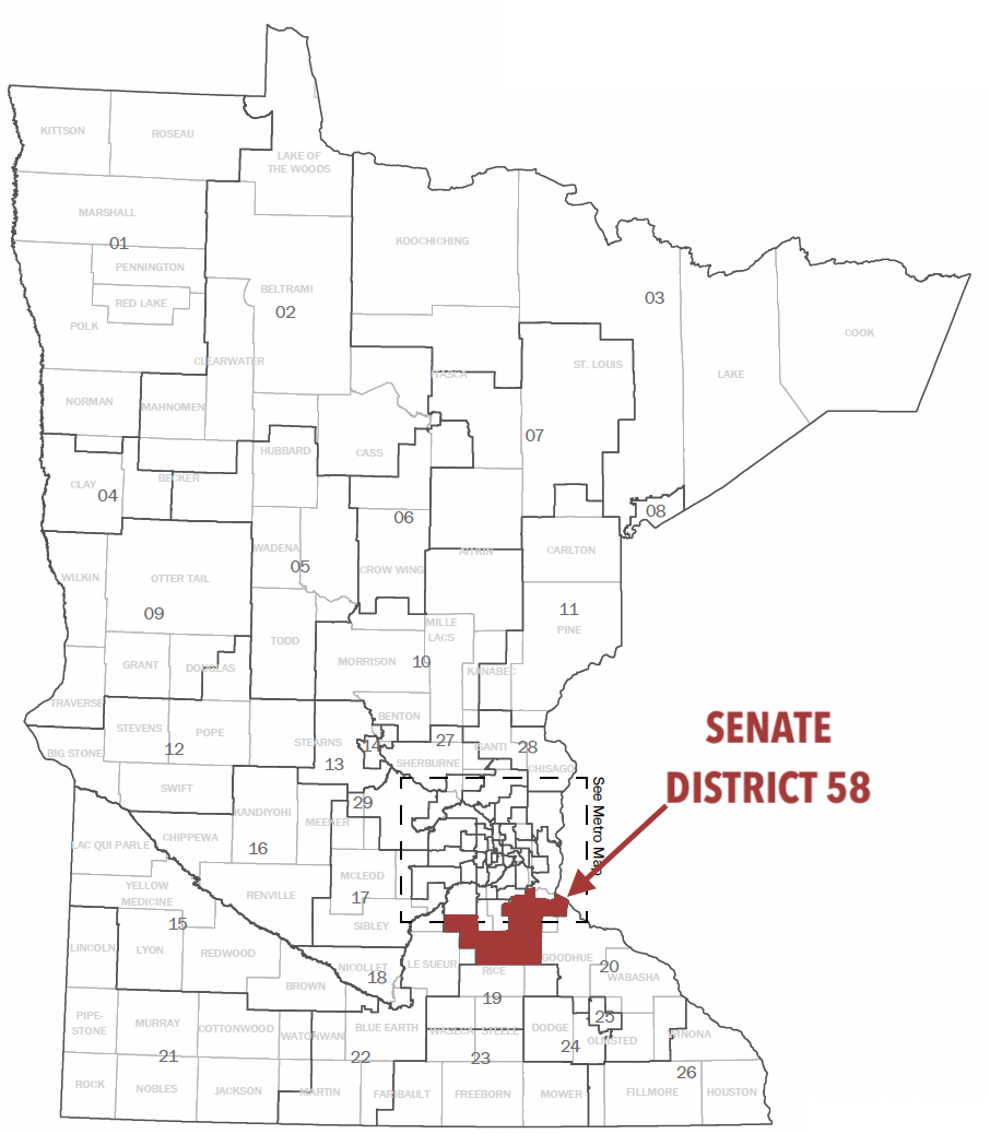 Map of Minnesota Senate Districts with Senate District 58 highlighted